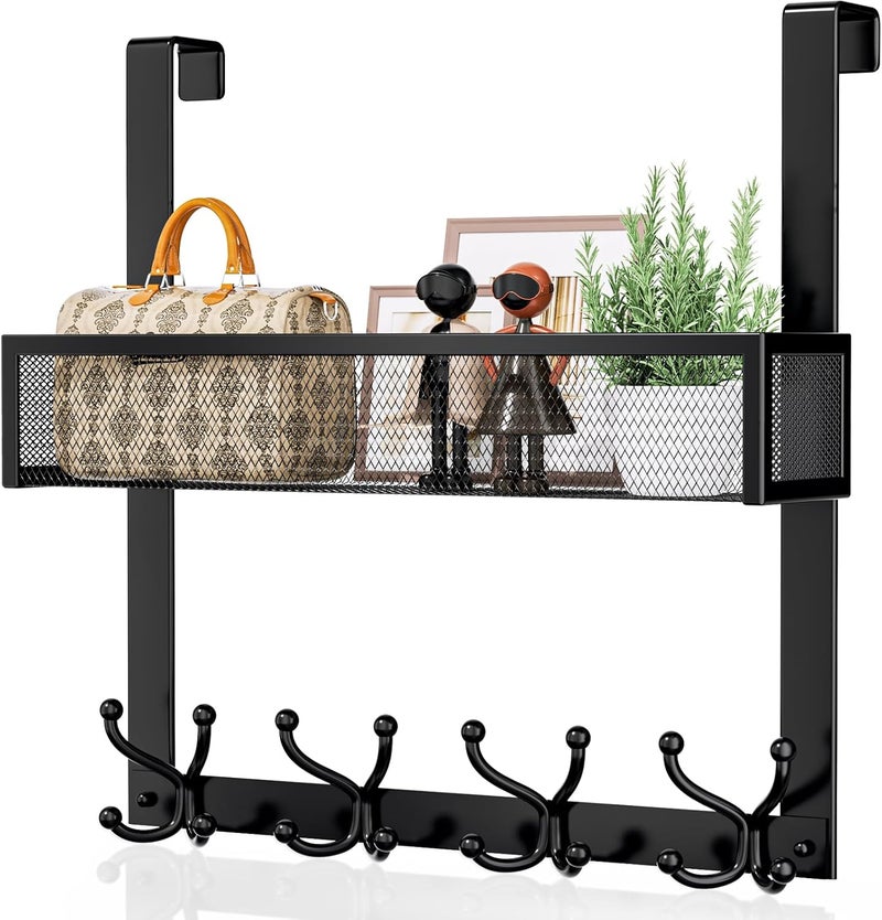 Consumest Over The Door Hooks Organizer - Over Door Hanger with 16 Hooks & 2 Baskets for Hanging Coat, Clothing, Towel, Back Storage for Bathroom, Closet, College Dorm, Black - Image 1